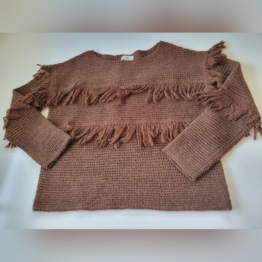 Lucky Brand Fringe Wool Blend Sweater S Brown - Picture 2 of 7